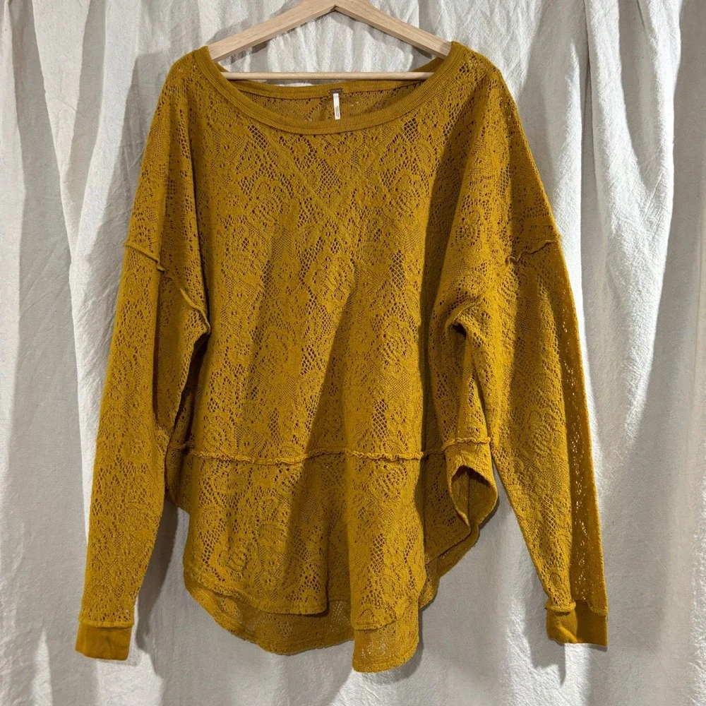 Free People Mustard Yellow Lace Knit Crochet Sweater Boho Slouchy Pullover Top